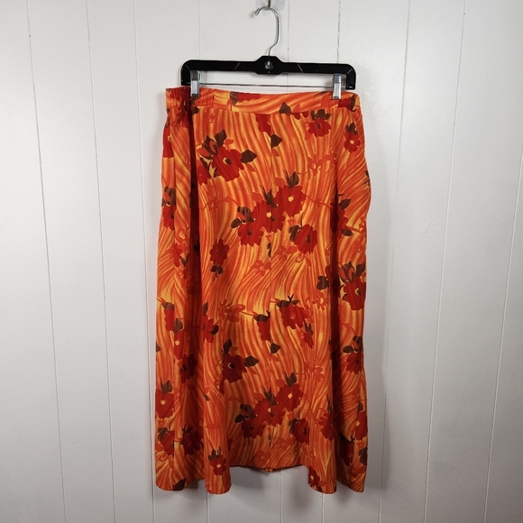 Vintage Midi Skirt 1990s Orange Floral Long Flowy 90s Buttons Cottagecore Large - Picture 2 of 9